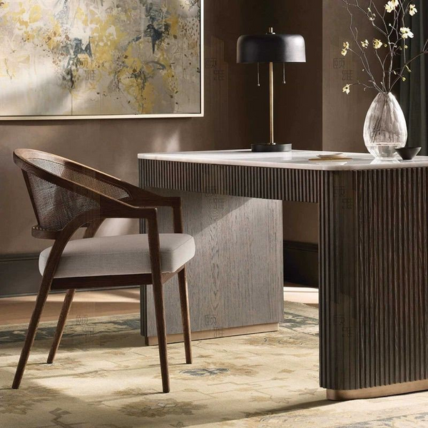 Simple Style Modern Upholstered Dining Arm Chair Solid Wood Backrest Rattan Dining Chairs for Dining Room Luxury