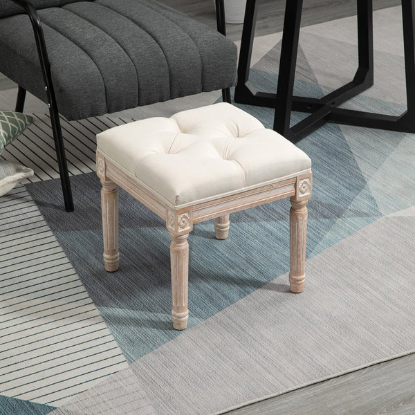 HOMCOM 15.75" Vintage Ottoman, Tufted Foot Stool with Upholstered Seat, Rustic Wood Legs for Bedroom, Living Room