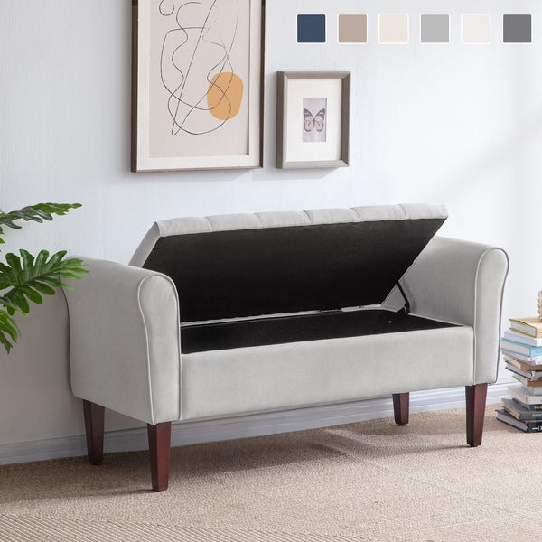 Arm Fabric Storage Ottoman Bench with Solid Wood Legs, 48"W x 18"D x 23"H