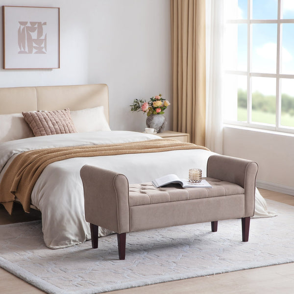 Arm Fabric Storage Ottoman Bench with Solid Wood Legs, 48"W x 18"D x 23"H