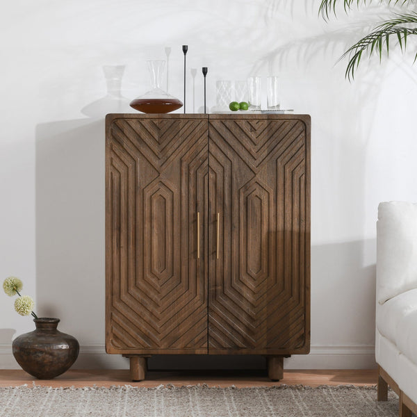 Classic Home Holmes Mango Wood Carved Bar Cabinet in Brown