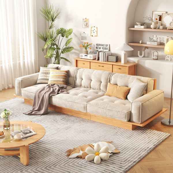 JASIWAY Corduroy Beige Sofa With Wood Frame