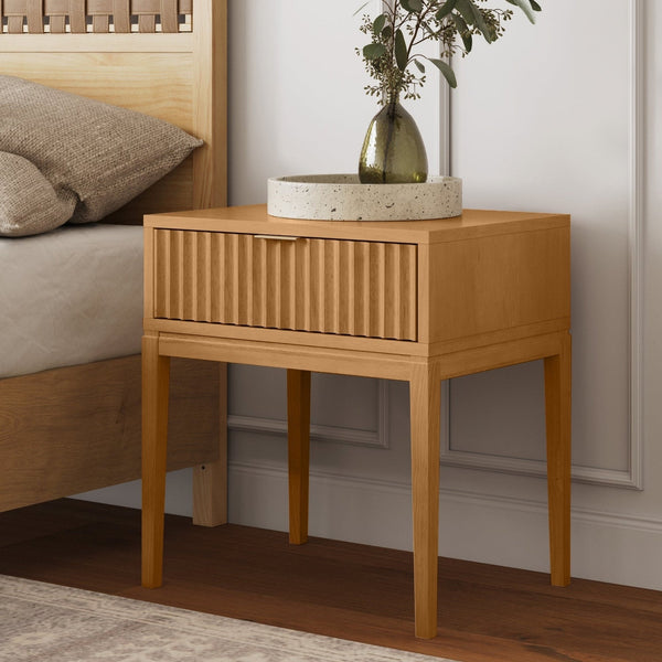 Jasper Mid-Century Modern Nighstand, Side Table with Storage and Fluted Drawer Doors with Brass Handles