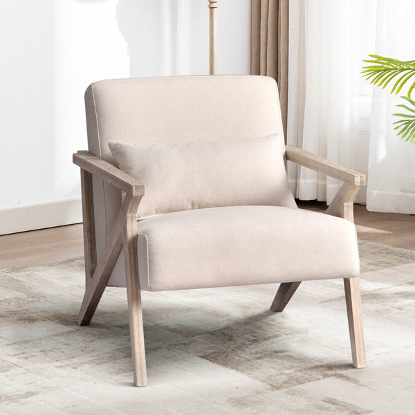 Joesy 26.8" Wide Upholstered Linen Blend Accent Chair with Wooden Legs and One Pillow