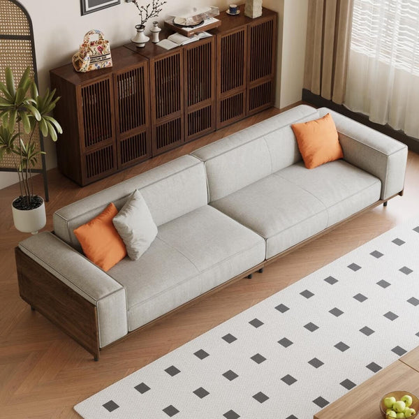 Mid-Century Modern 4 Seater Sofa Walnut Cotton Linen Upholstery, Removable Washable Covers, Deep Cushions with Pillows