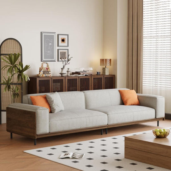 Mid-Century Modern 4 Seater Sofa Walnut Cotton Linen Upholstery, Removable Washable Covers, Deep Cushions with Pillows