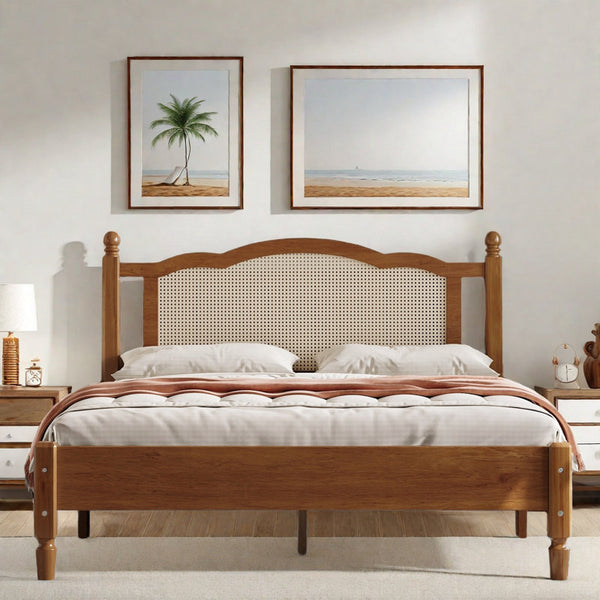 Platform Bed Bohemian Wooden Platform Bed With Natural Rattan Headboard And Arc Design