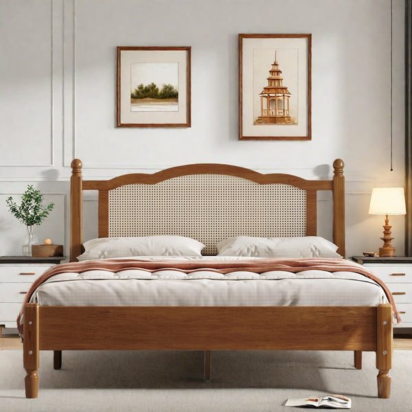 Platform Bed Bohemian Wooden Platform Bed With Natural Rattan Headboard And Arc Design