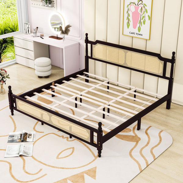 Platform Bed with Rattan Headboard