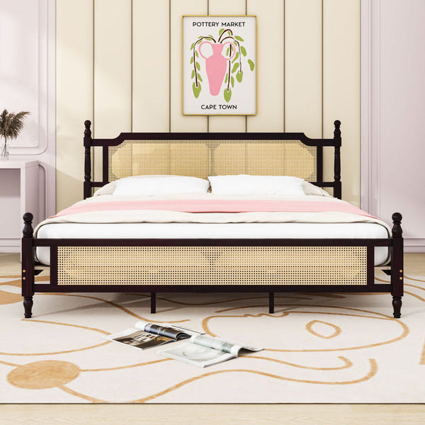 Platform Bed with Rattan Headboard