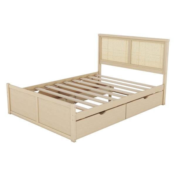 Queen Size Wood Storage Bed with 4 Drawers and Rattan Headboard