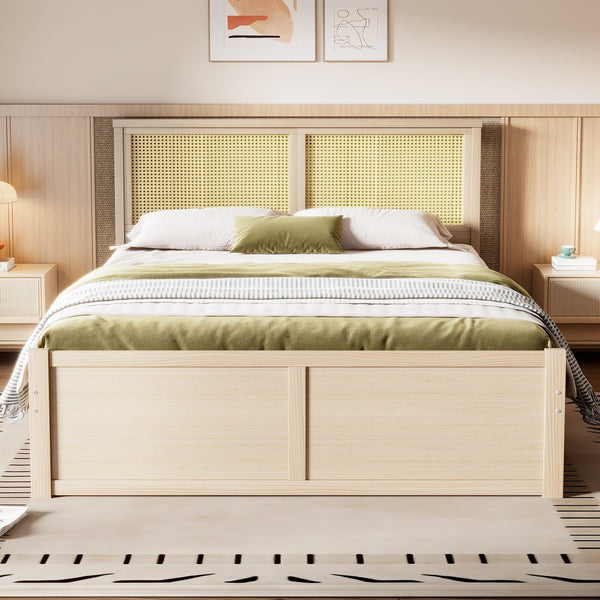 Queen Size Wood Storage Bed with 4 Drawers and Rattan Headboard
