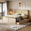 Queen Size Wood Storage Bed with 4 Drawers and Rattan Headboard