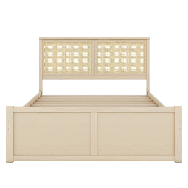 Queen Size Wood Storage Bed with 4 Drawers and Rattan Headboard