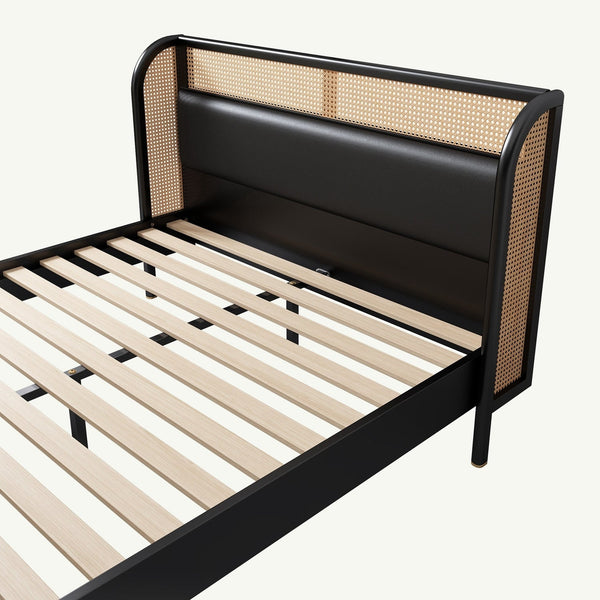Rattan Wood Platform Queen Bed