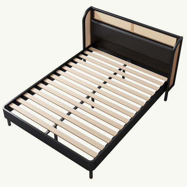 Rattan Wood Platform Queen Bed