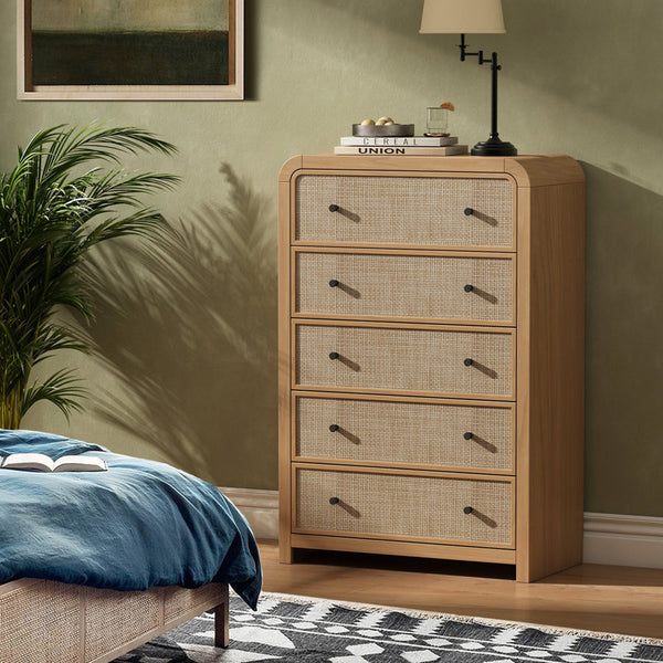 Rattan 5-Drawers Dresser,Thickened Curved Profile Design