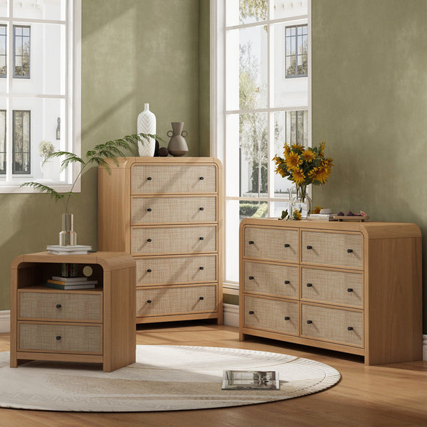 Rattan 5-Drawers Dresser,Thickened Curved Profile Design