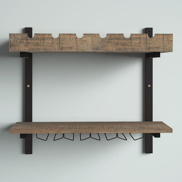 Rundell 30" Wide Rustic Industrial Wooden and Metal Wall Mounted Wine Rack Stores Bottles And Glass