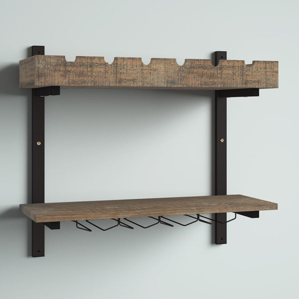 Rundell 30" Wide Rustic Industrial Wooden and Metal Wall Mounted Wine Rack Stores Bottles And Glass