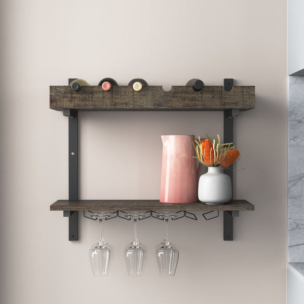 Rundell 30" Wide Rustic Industrial Wooden and Metal Wall Mounted Wine Rack Stores Bottles And Glass