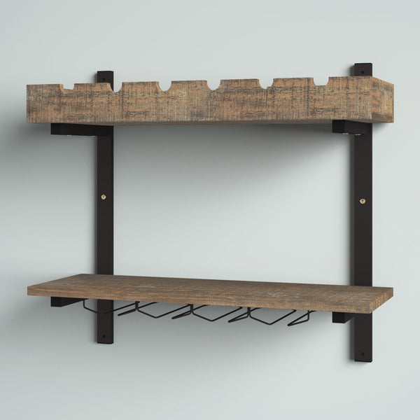 Rundell 30" Wide Rustic Industrial Wooden and Metal Wall Mounted Wine Rack Stores Bottles And Glass