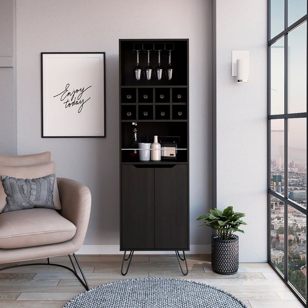 FM Furniture Sheffield H Bar Cabinet with Glass Rack, Open Shelf, Double Cabinet, 8 Bottle Cubbies, and Hairpin Legs