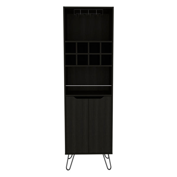 FM Furniture Sheffield H Bar Cabinet with Glass Rack, Open Shelf, Double Cabinet, 8 Bottle Cubbies, and Hairpin Legs