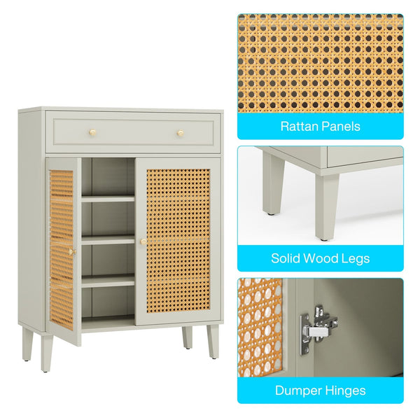 Shoe Cabinet with Doors and Drawer, Modern Rattan Shoe Storage Cabinet for Entryway, Mint Green