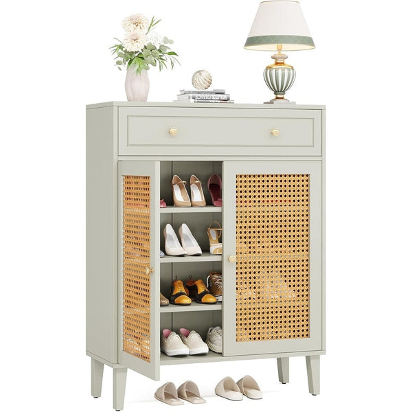 Shoe Cabinet with Doors and Drawer, Modern Rattan Shoe Storage Cabinet for Entryway, Mint Green