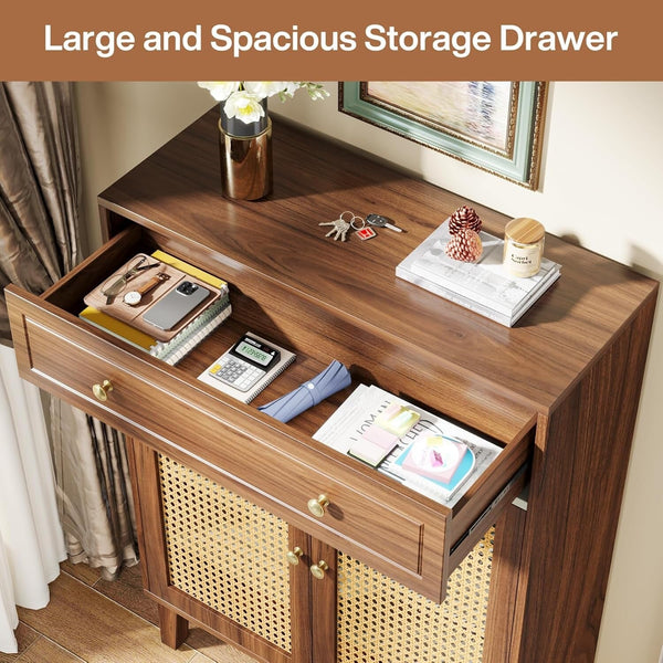 Shoe Cabinet with Doors and Drawer, Modern Rattan Shoe Storage Cabinet for Entryway, Mint Green