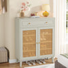Shoe Cabinet with Doors and Drawer, Modern Rattan Shoe Storage Cabinet for Entryway, Mint Green