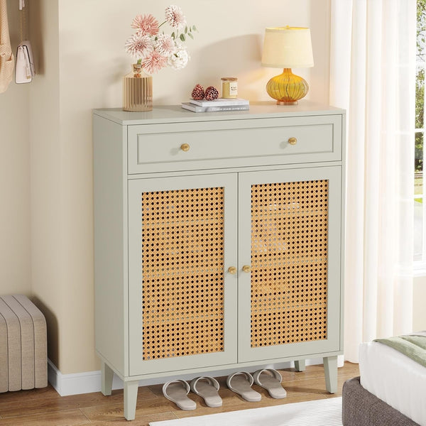 Shoe Cabinet with Doors and Drawer, Modern Rattan Shoe Storage Cabinet for Entryway, Mint Green