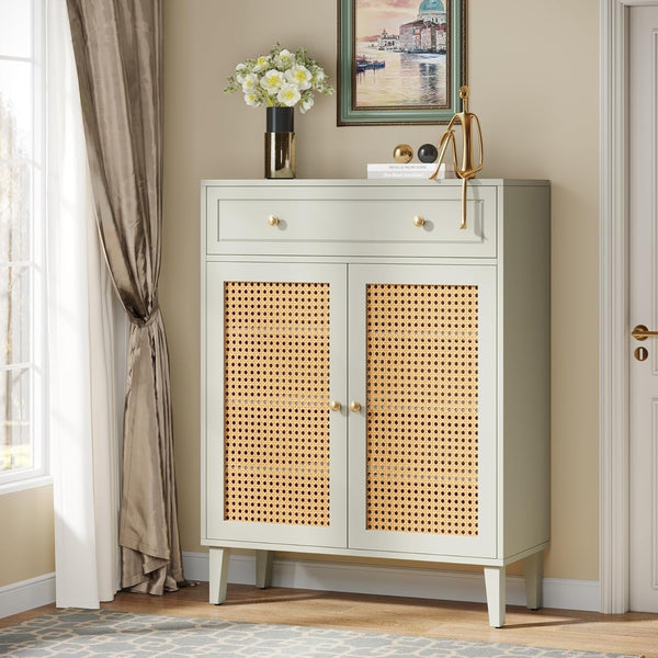 Shoe Cabinet with Doors and Drawer, Modern Rattan Shoe Storage Cabinet for Entryway, Mint Green