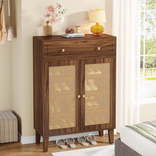 Shoe Cabinet with Doors and Drawer, Modern Rattan Shoe Storage Cabinet for Entryway, Mint Green