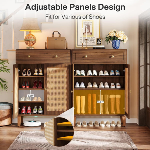 Shoe Cabinet with Doors and Drawer, Modern Rattan Shoe Storage Cabinet for Entryway, Mint Green