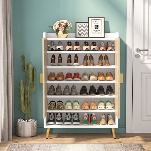 Shoe Cabinet with Doors, Entryway Shoe Storage Cabinet with Adjustable Shelves - 29.6" L x 13.8" D x 43.3" H