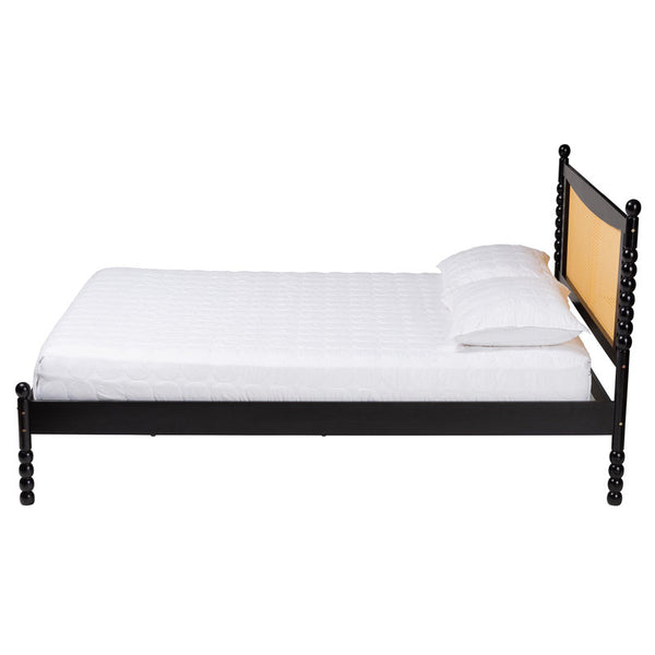 Studio Okena Mid-Century Modern Black Wood Queen Size Platform Bed With Woven Rattan