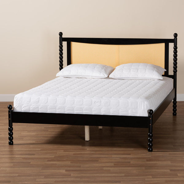 Studio Okena Mid-Century Modern Black Wood Queen Size Platform Bed With Woven Rattan