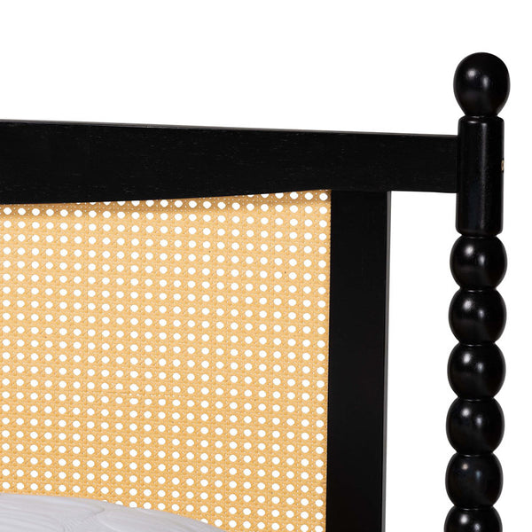 Studio Okena Mid-Century Modern Black Wood Queen Size Platform Bed With Woven Rattan