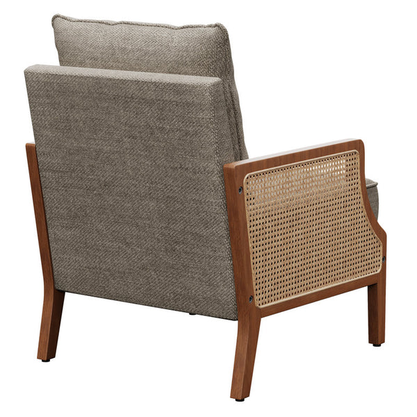 Upholstered Burlap Accent Chair With Wooden Legs And Rattan Arms