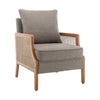 Upholstered Burlap Accent Chair With Wooden Legs And Rattan Arms