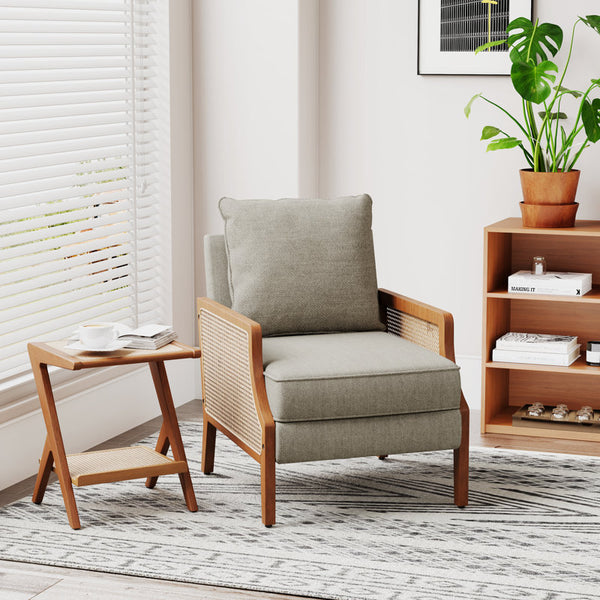 Upholstered Burlap Accent Chair With Wooden Legs And Rattan Arms