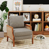 Upholstered Burlap Accent Chair With Wooden Legs And Rattan Arms