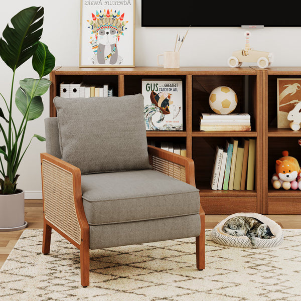 Upholstered Burlap Accent Chair With Wooden Legs And Rattan Arms
