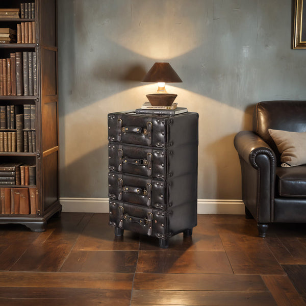 Urbana Black Faux Leather Vintage 4 Drawer Room Chest with Buckle Straps & Gold Stud Accents