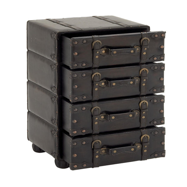 Urbana Black Faux Leather Vintage 4 Drawer Room Chest with Buckle Straps & Gold Stud Accents