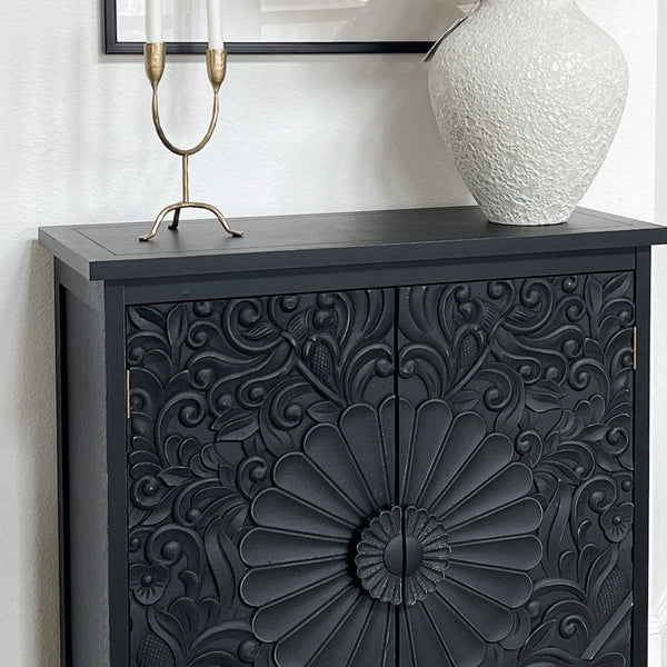 Vintage 2-Door Black Flower Carving Handle Distressed Storage Cabinet
