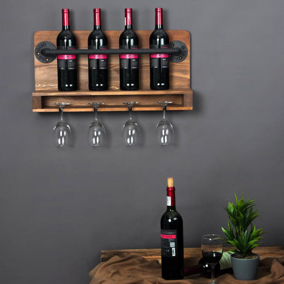 Wanakah 4 Bottle Solid Wood Wall Mounted Wine Bottle & Glass Rack in Brown/Black
