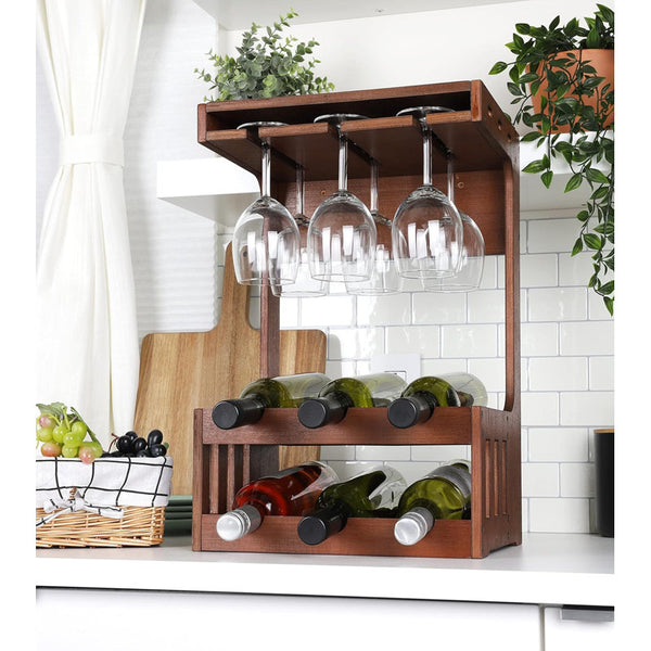 Wine And Wine Glass Rack, Wine Glass Holder, Countertop Bar Organizer, Wood, 13" L X 10.25" W X 20" H, Brown